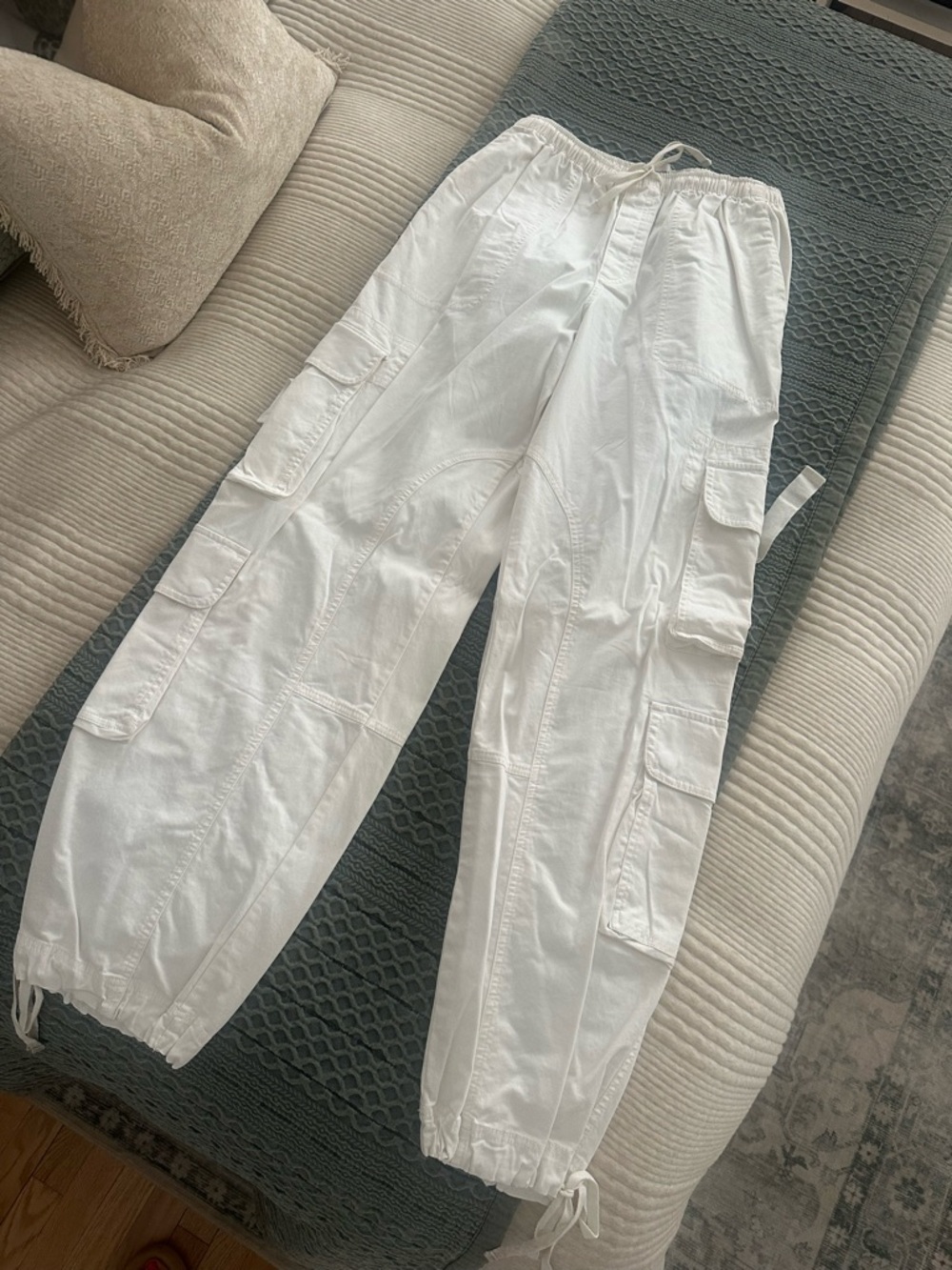 White-Cream Cargo tie-bottom Jogger Pants - Casual Utility Style